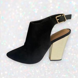 Express Black Slide-On Booties with Metallic Gold Block Heels